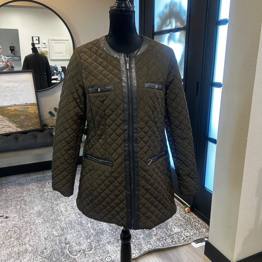 Jones New York Petite Olive Green Quilted Jacket Faux Leather Trim PM Z23847-LT